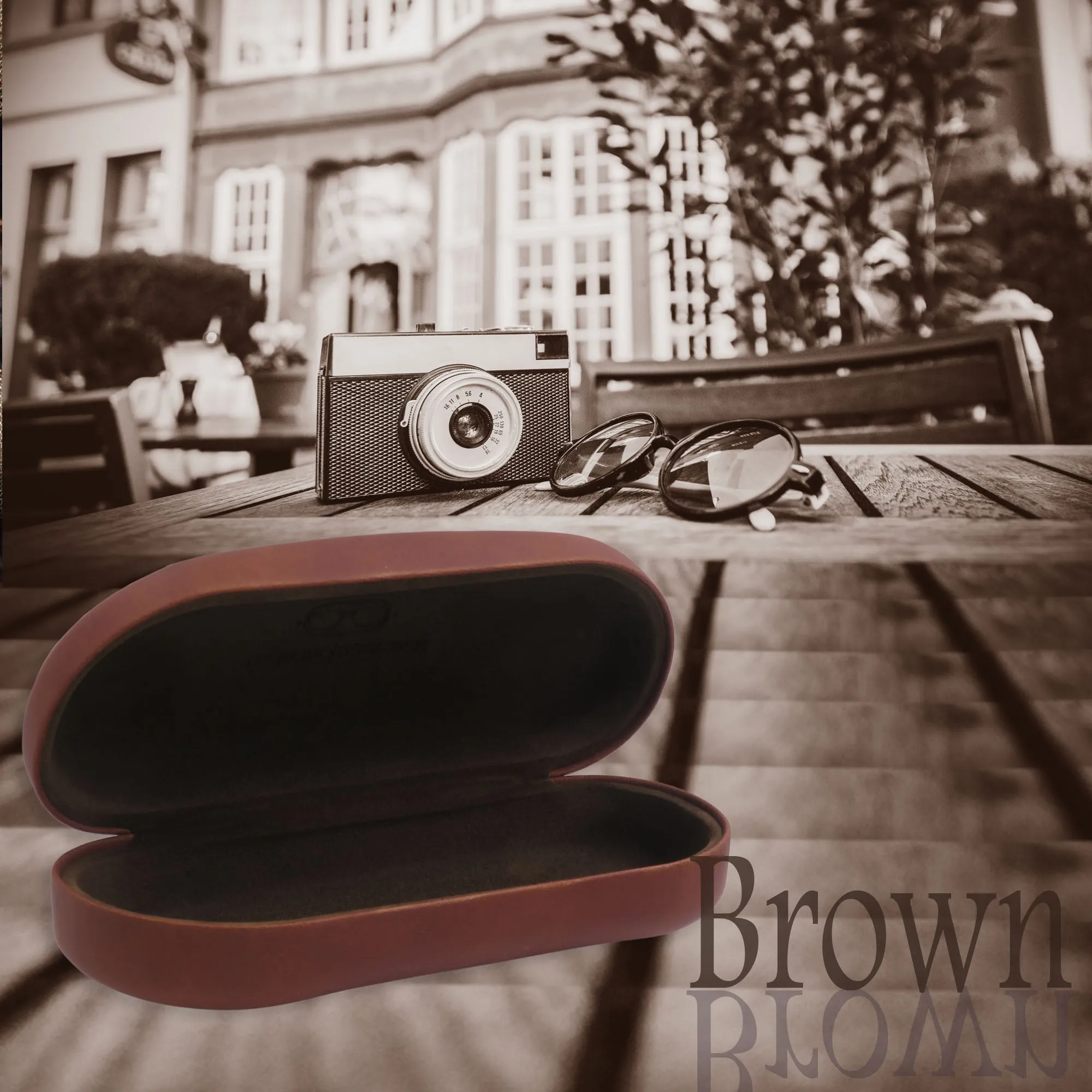 Hard Medium to Large Sunglasses Case w/ Pouch and cloth  (AS87 Brown)