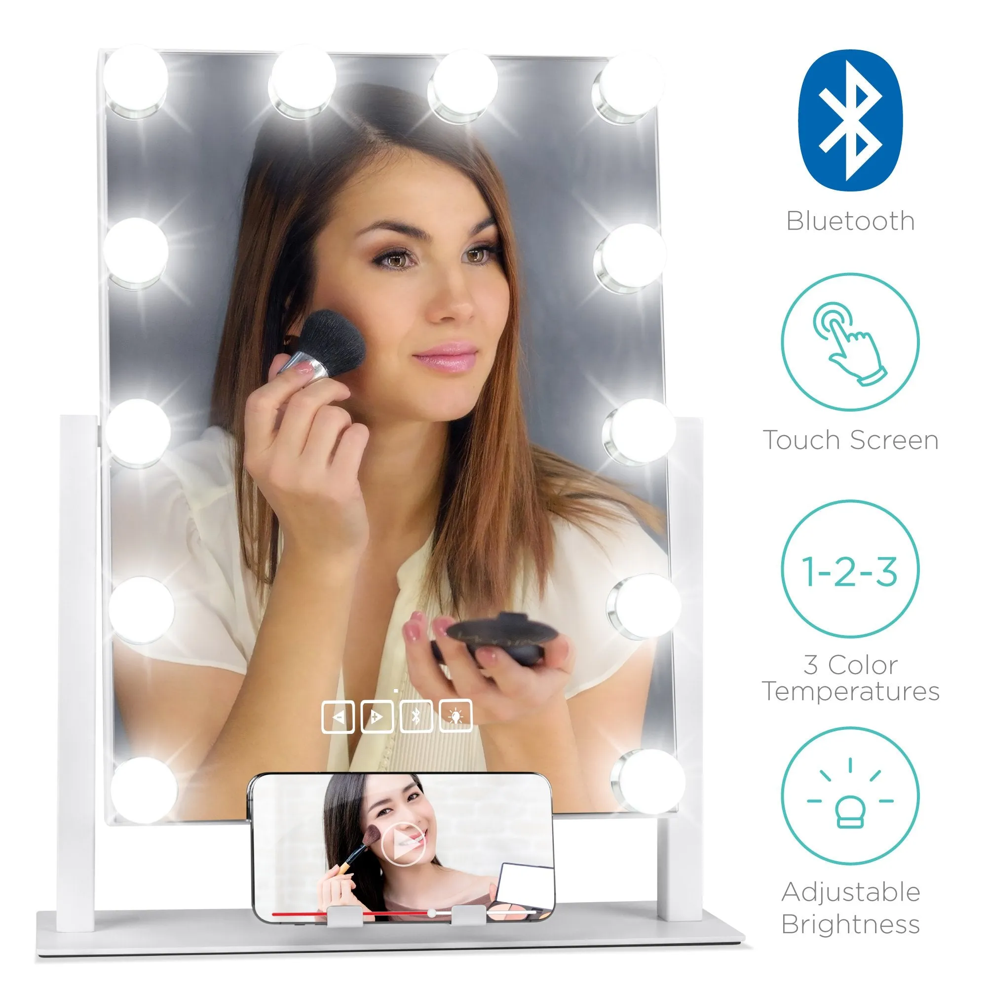 Hollywood Vanity Mirror w/ Bluetooth Speakers, 3 Color Temps, Phone Stand