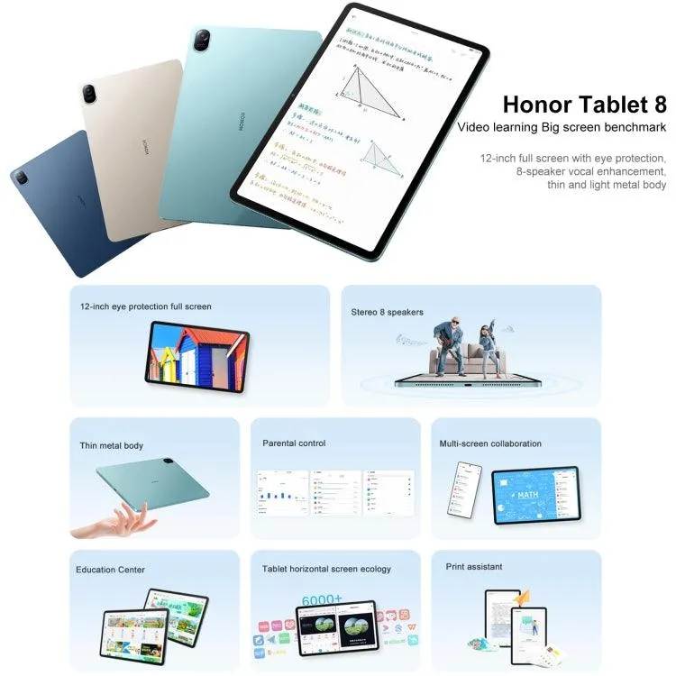 Honor Pad 8 HEY-W09 Tablet - 12" WiFi, 6GB RAM, 128GB Storage, Snapdragon 680, 8 Speakers, Android Magic UI 6.1, Non-Google Support