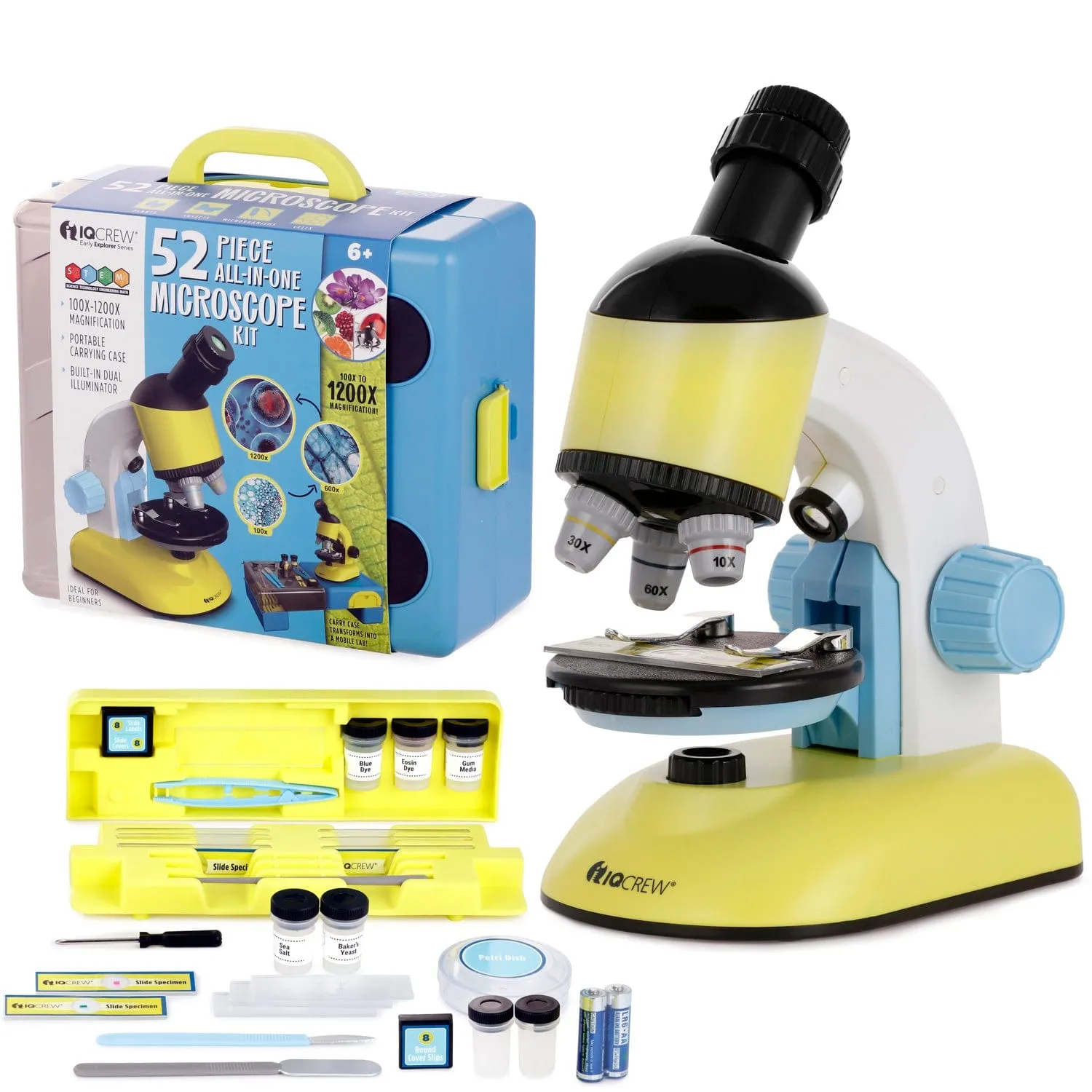 IQCREW by AmScope - 52 Piece All-in-One Kid's Compound Microscope Kit w/Dual LED Illuminators, Rotating Head, and Accessory Kit   Optional Educational Literature