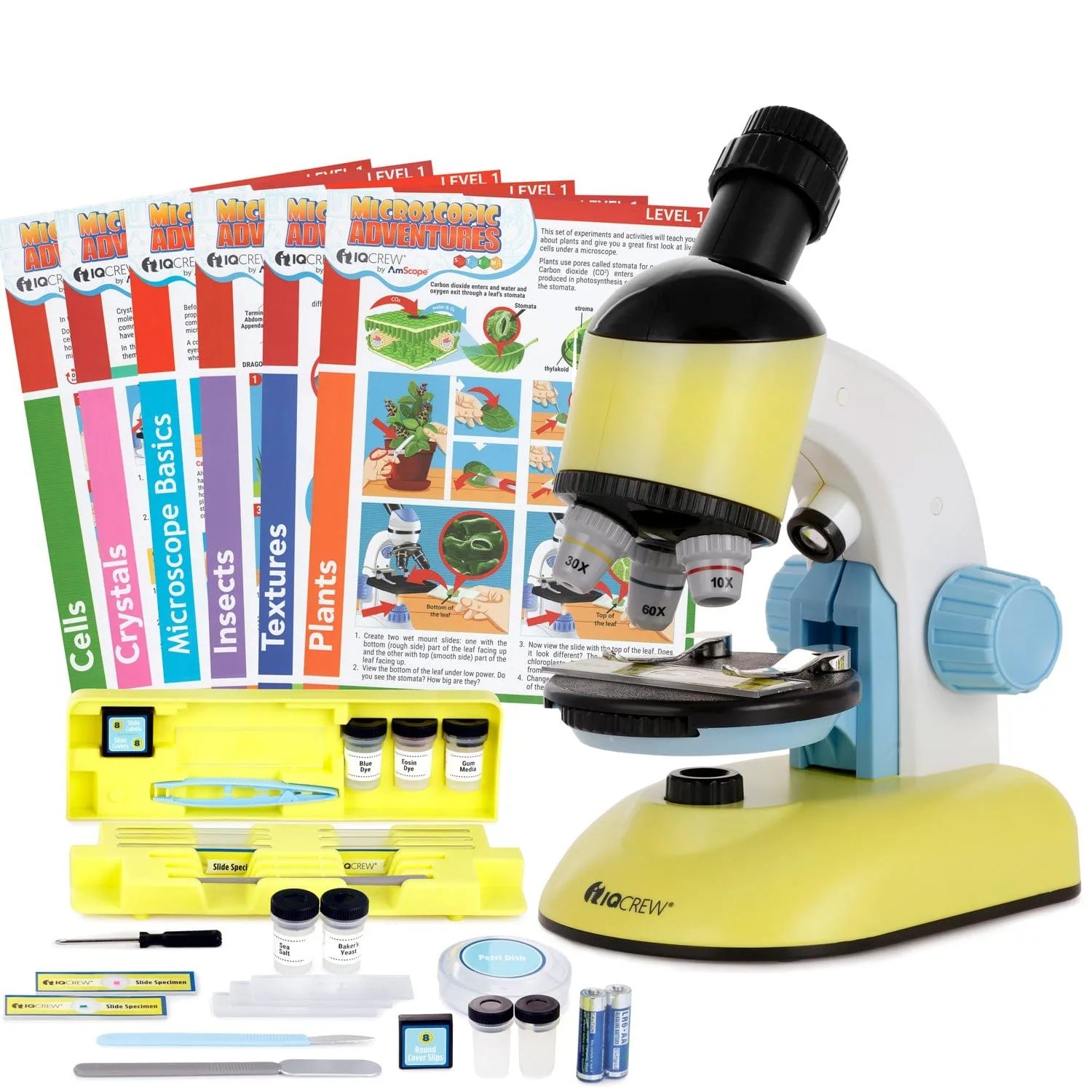 IQCREW by AmScope - 52 Piece All-in-One Kid's Compound Microscope Kit w/Dual LED Illuminators, Rotating Head, and Accessory Kit   Optional Educational Literature