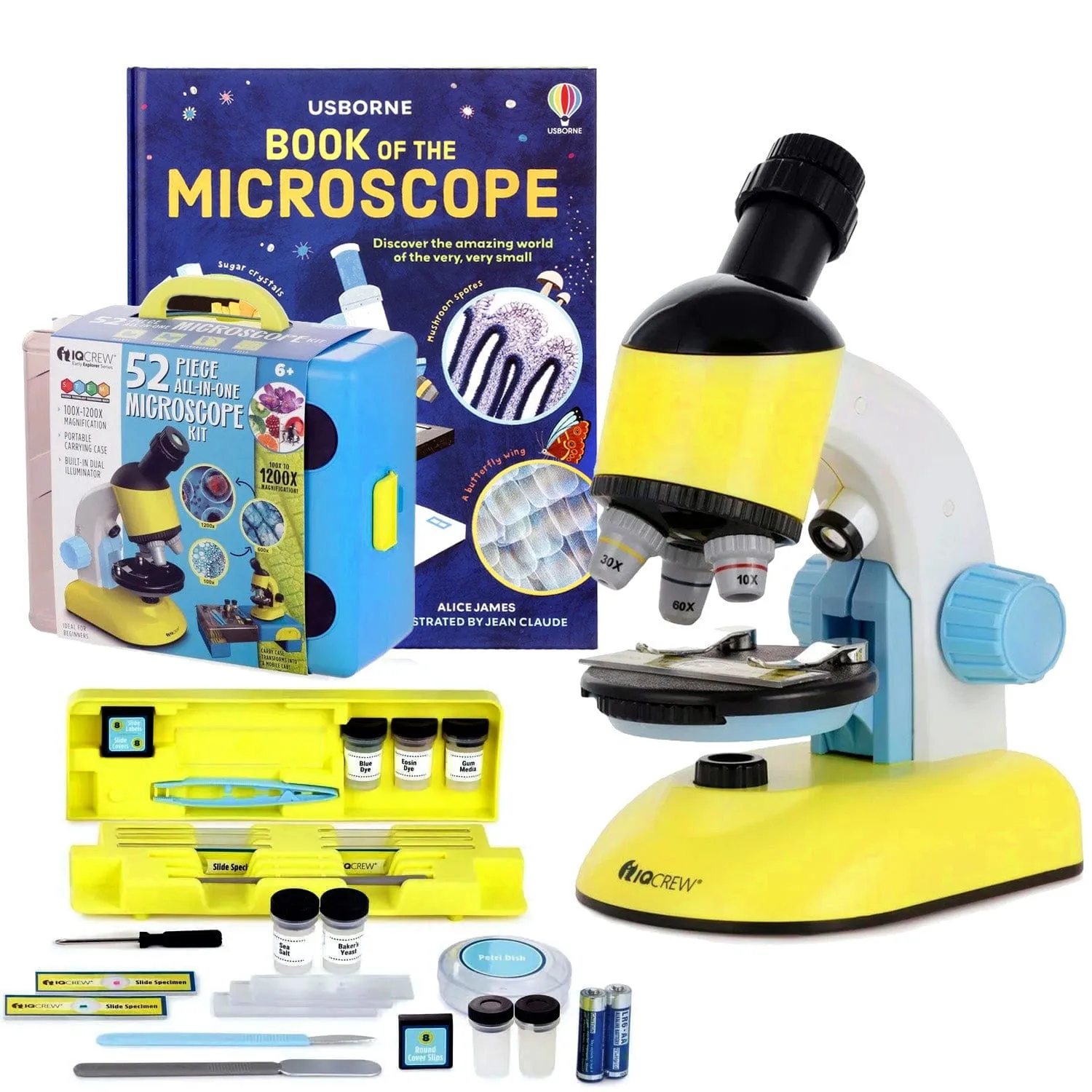 IQCREW by AmScope - 52 Piece All-in-One Kid's Compound Microscope Kit w/Dual LED Illuminators, Rotating Head, and Accessory Kit   Optional Educational Literature