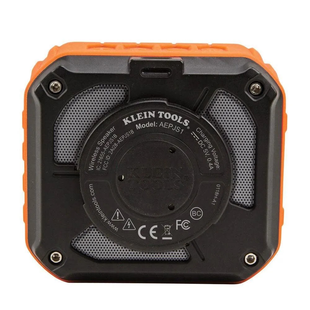 Klein Tools AEPJS1 Bluetooth Speaker, Wireless Portable Jobsite Speaker Plays Audio and Answers Calls Hands Free, IPX5, Worksite Ready