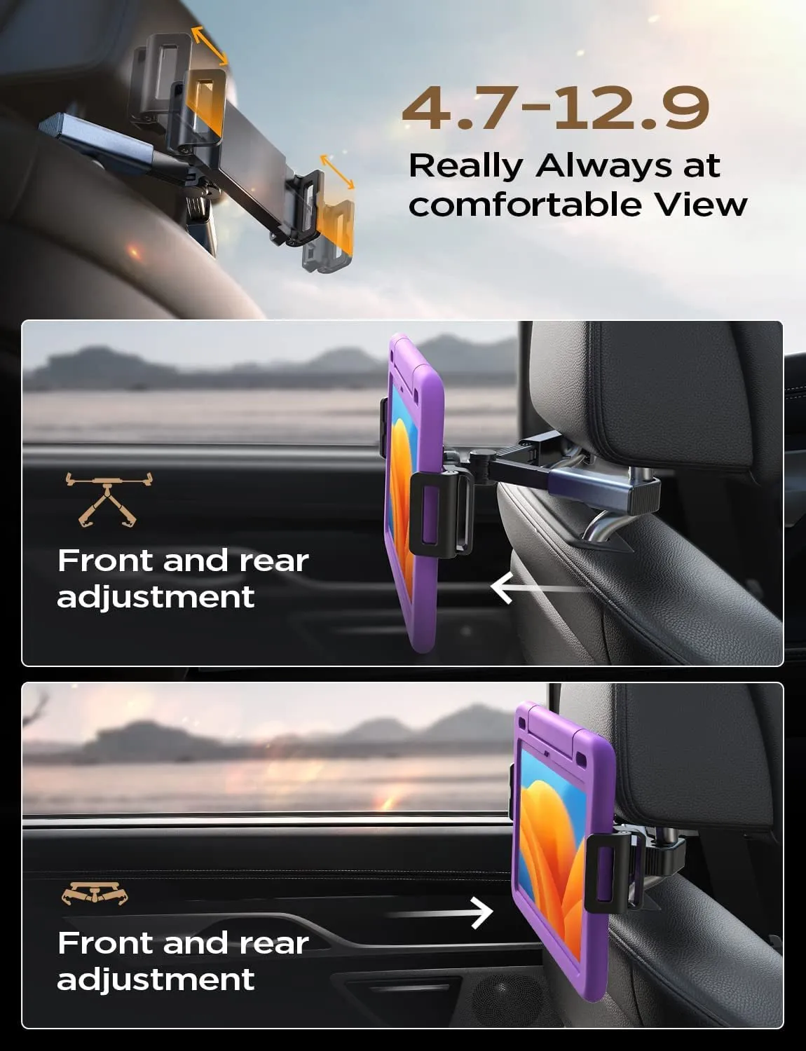 LISEN Tablet Ipad Holder for Car Mount Headrest - Ipad Car Holder Back Seat Travel Portable Car Tablet Holder Mount Road Trip Essentials for Kids Adults Fits All 4.7-12.9" Devices & Headrest Rod