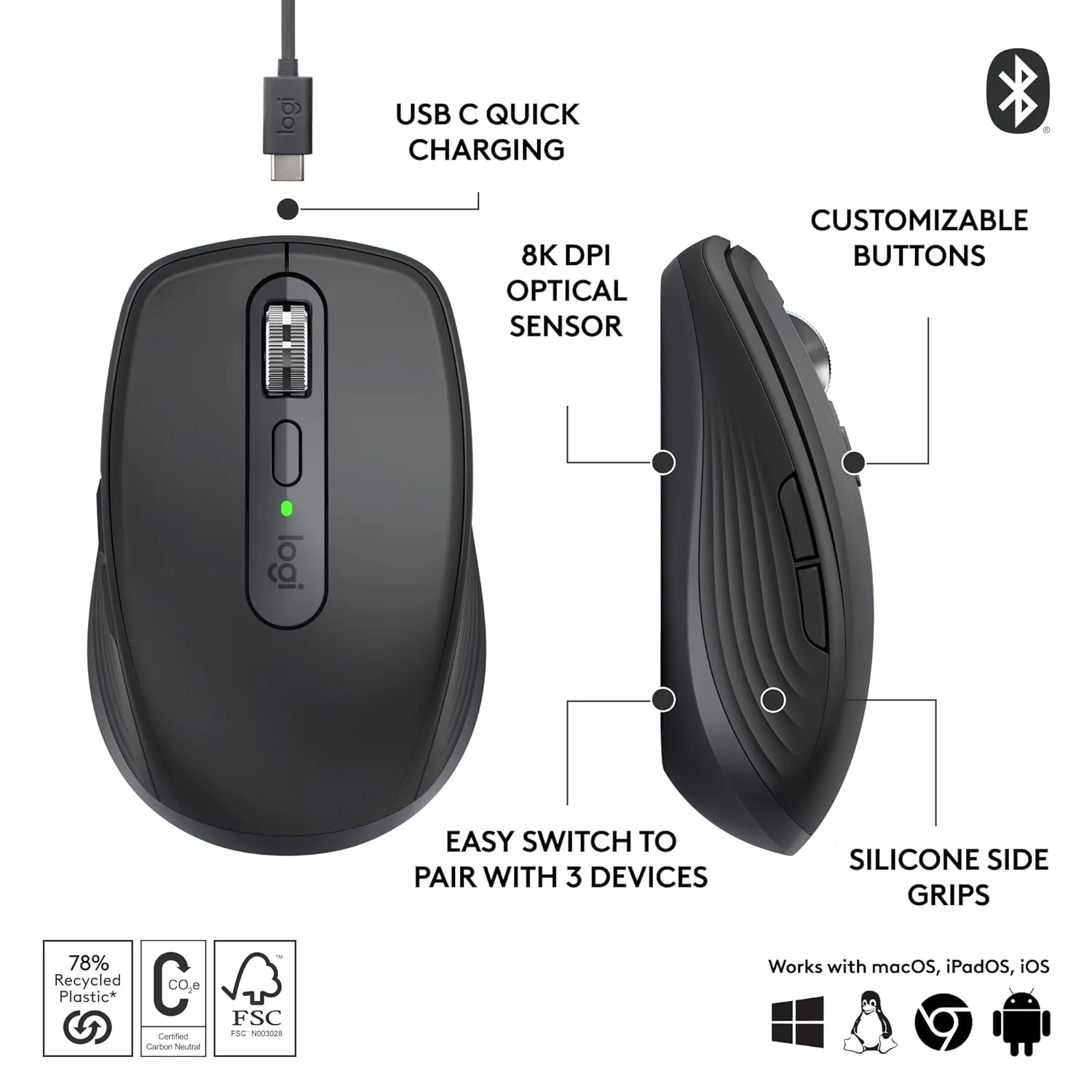 Logitech MX Anywhere 3S Compact Wireless Performance Mouse | 8K DPI | Fast Scrolling | Programmable Buttons