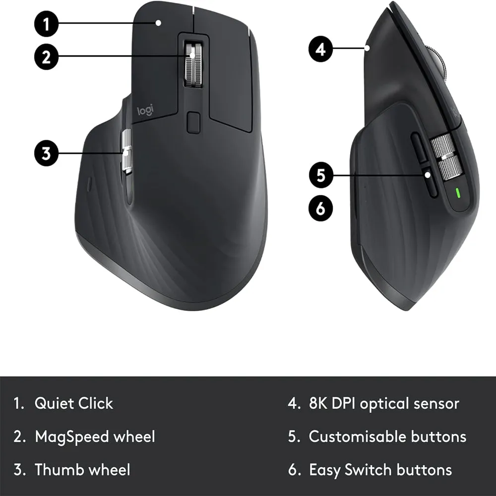 Logitech MX Master 3S for Business Wireless Optical Mouse with 8000 DPI Darkfield Sensor, 7 Programmable Buttons, USB Receiver Dongle & Bluetooth Connectivity for PC & Laptop, Desktop Computer, Windows, macOS, Linux, Chrome OS - Graphite