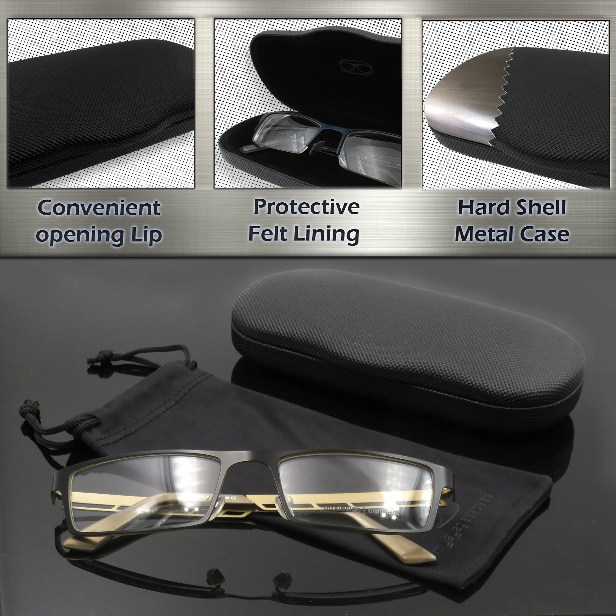 Men Hard Eyeglass Case for Small medium Frames - Glasses Case Holder with pouch and Cleaning Cloth (AS196 Rough Black)