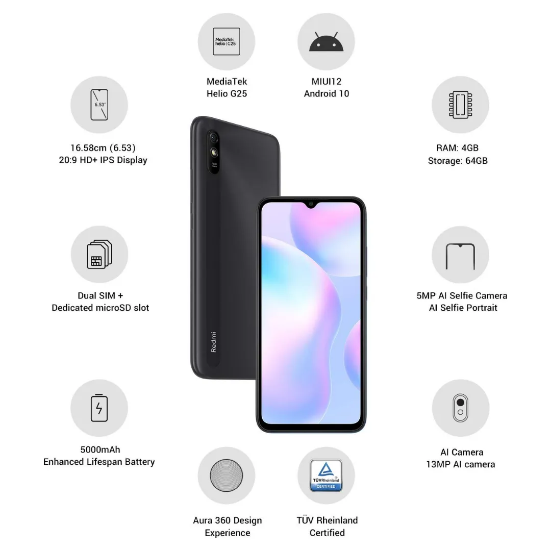 MI Redmi 9i Sport Mobile Phone Carbon Black, 4GB RAM, 64GB Storage