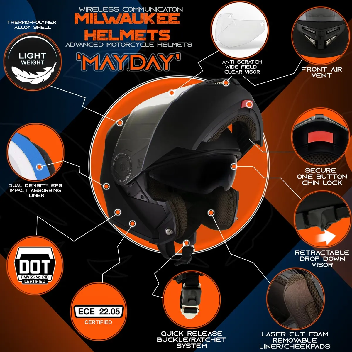 Milwaukee Helmets H7005 Flat Black 'Mayday' Modular Motorcycle Helmet w/ Intercom - Built-in Speaker and Microphone for Men / Women