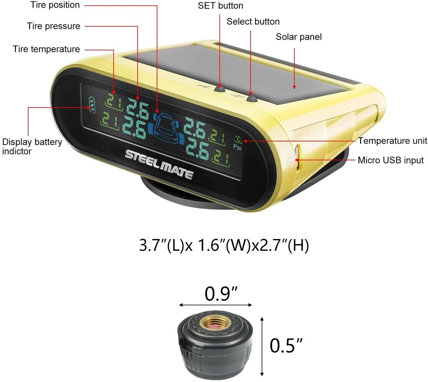 Mini One-s Yellow Multi-Function Tire Pressure Monitoring System Auto Backlight Sleep Awake