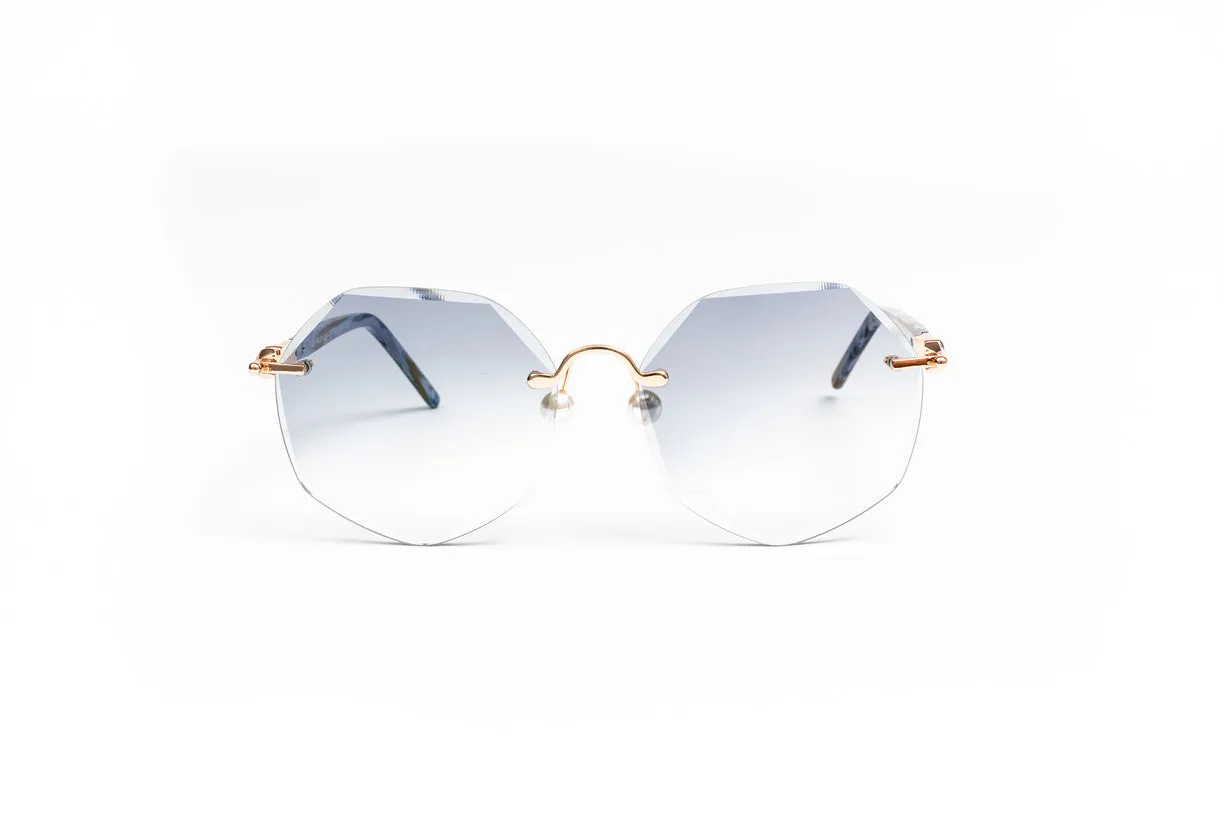 PEARL COLLECTION 18KT Gold & Brown/Blue Acetate Sunglasses, Gradient Grey Lenses