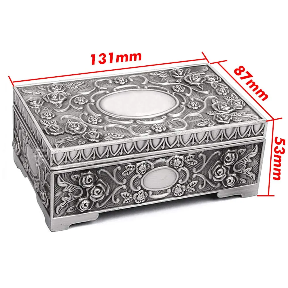 Personalised Jewellery Box for Women Engraved Trinket Box for Girls Mothers Day Gift Vintage Silver Jewelry Case Wedding Birthday Anniversary Christmas (Any Text)