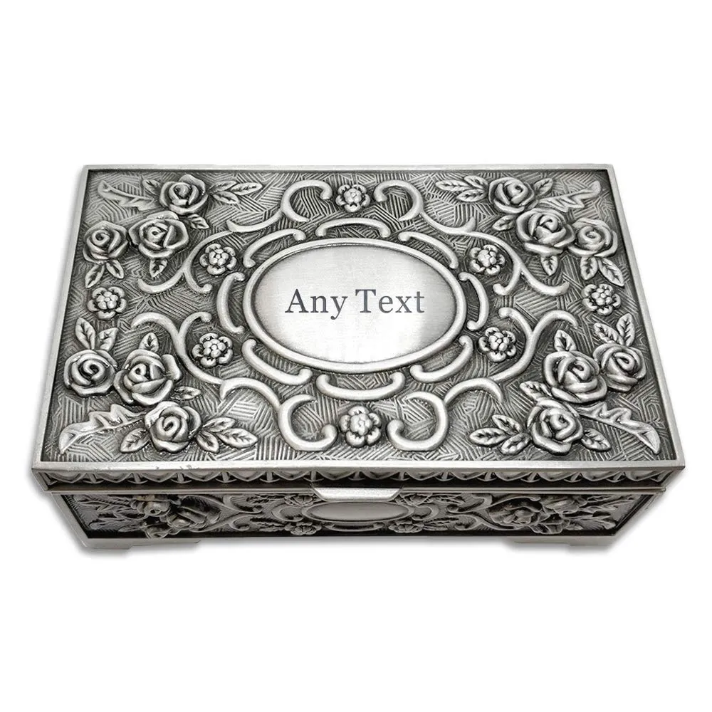 Personalised Jewellery Box for Women Engraved Trinket Box for Girls Mothers Day Gift Vintage Silver Jewelry Case Wedding Birthday Anniversary Christmas (Any Text)