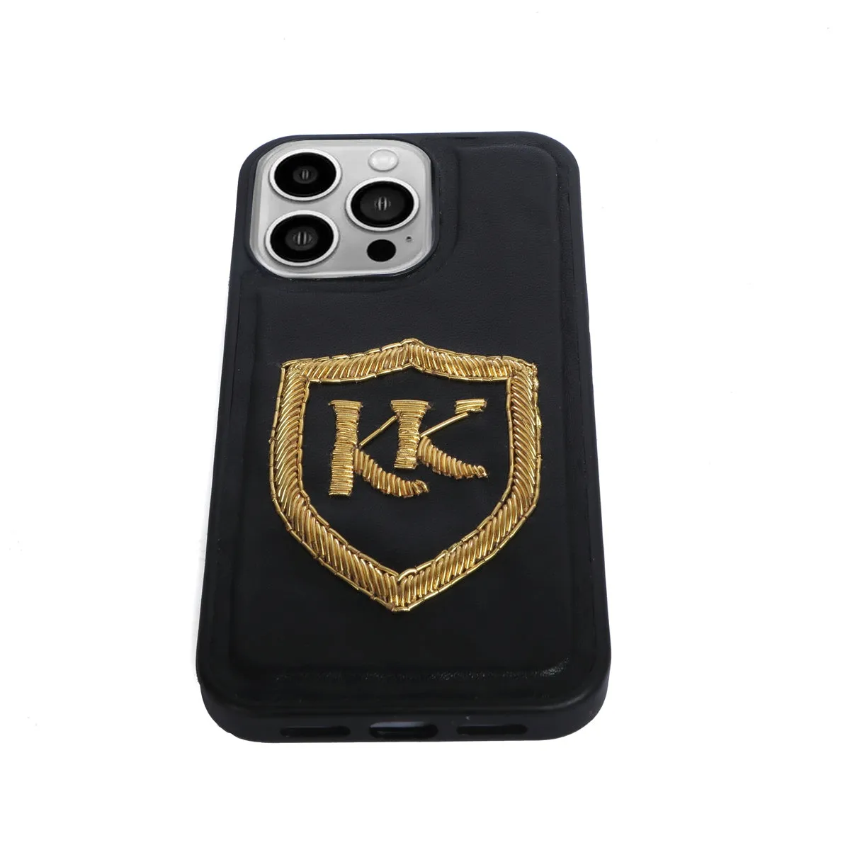 Personalized "KK" Zardosi Initial on Genuine Leather Apple Mobile Cover