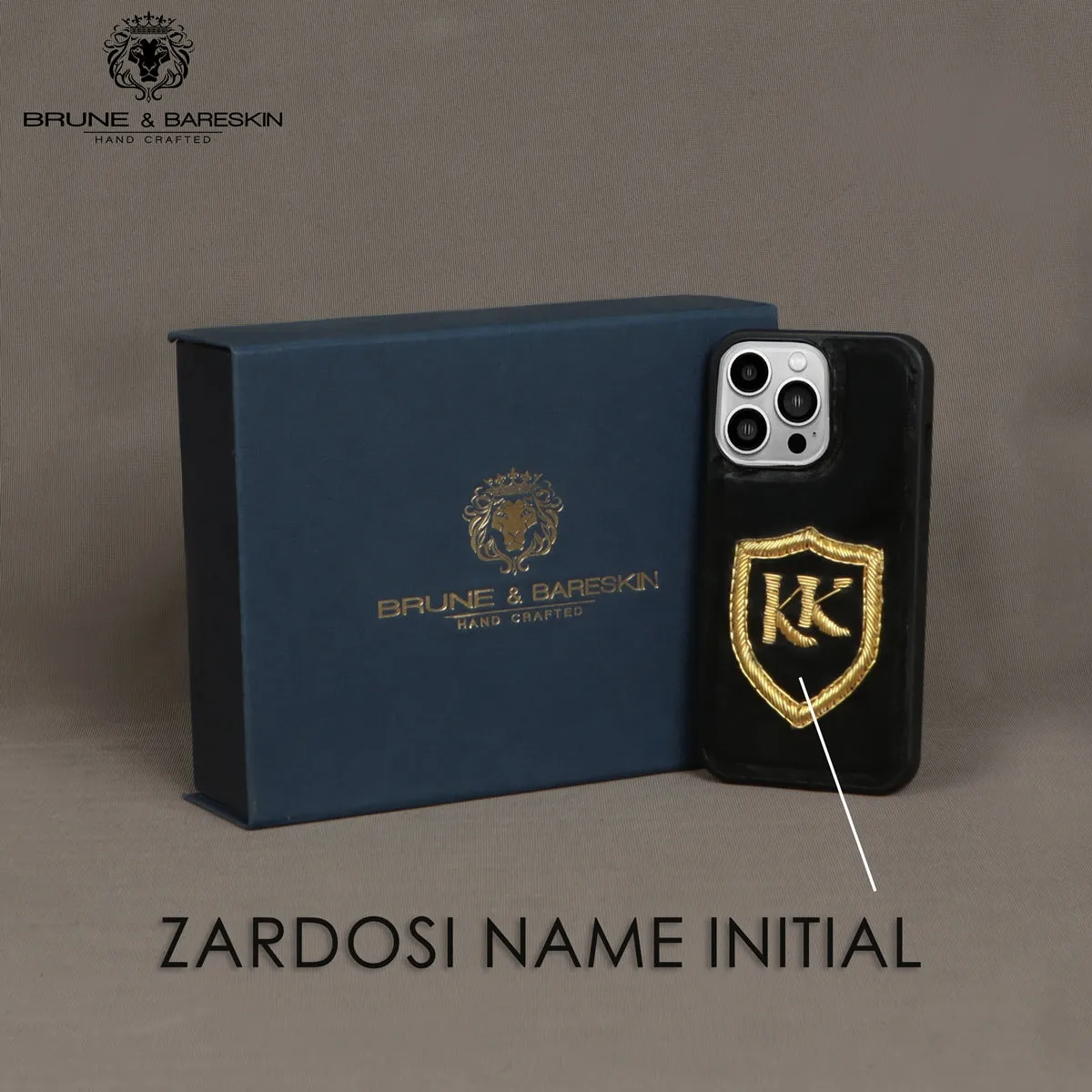 Personalized "KK" Zardosi Initial on Genuine Leather Apple Mobile Cover