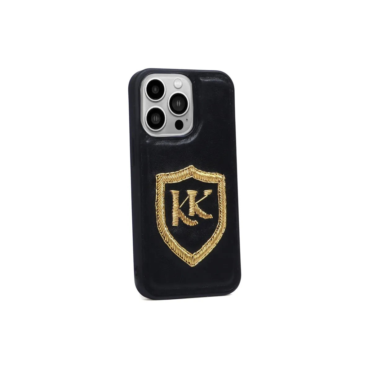 Personalized "KK" Zardosi Initial on Genuine Leather Apple Mobile Cover