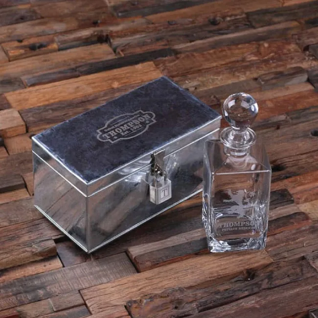 Personalized Whiskey Decanter With Global Bottle, Metal Case With Lock