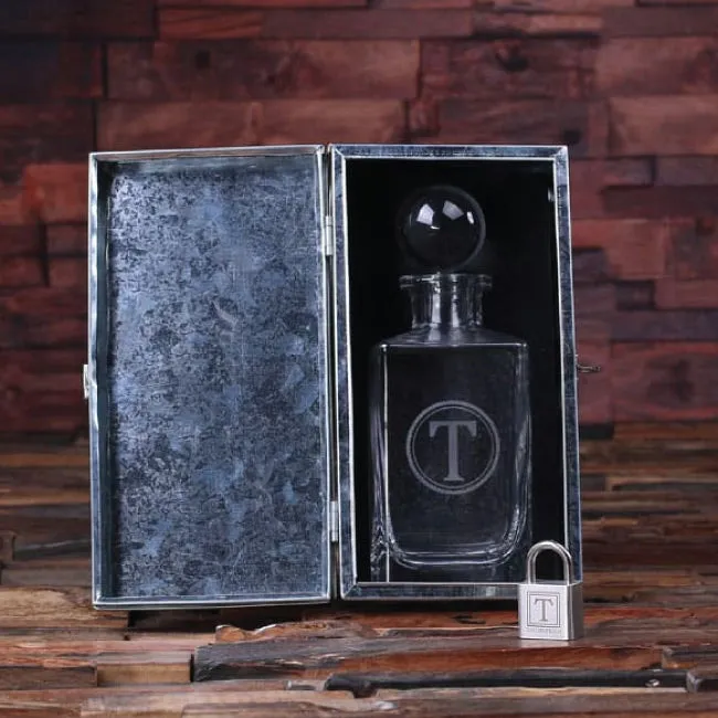 Personalized Whiskey Decanter With Global Bottle, Metal Case With Lock