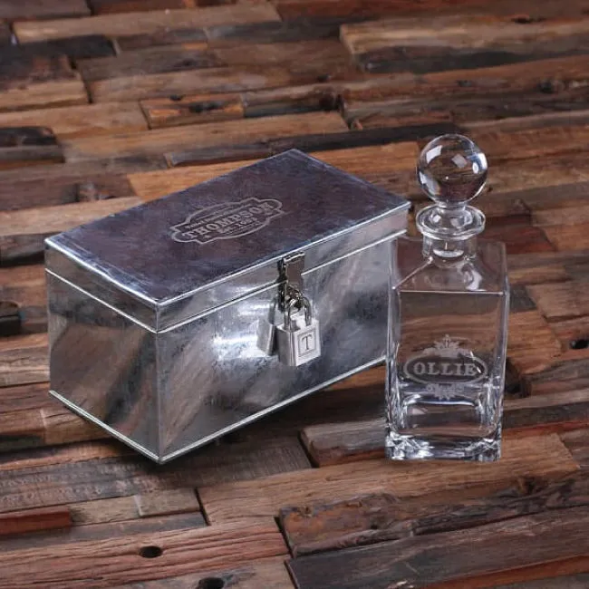 Personalized Whiskey Decanter With Global Bottle, Metal Case With Lock