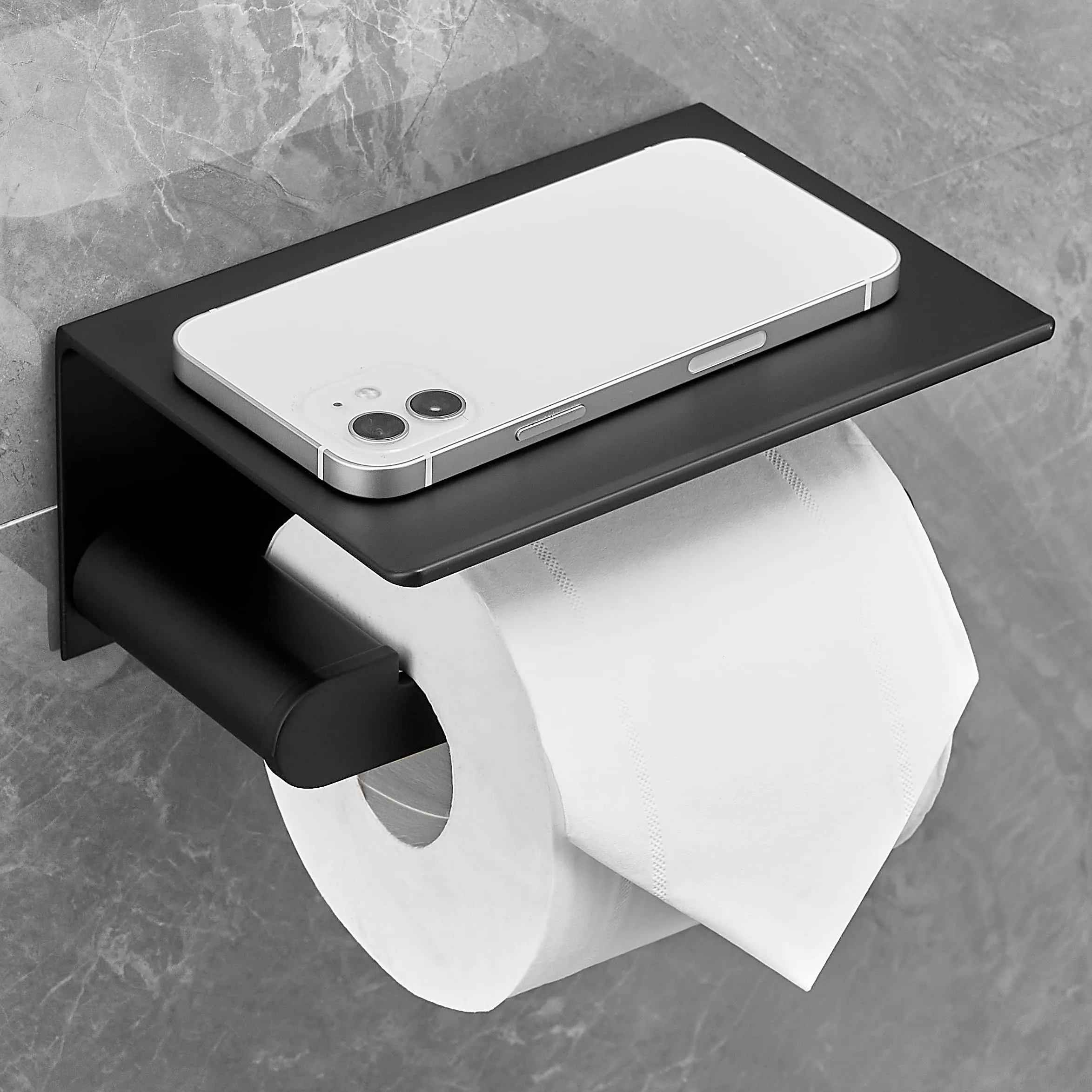 Plantex Space Aluminium Toilet Paper Holder with Mobile Stand/Tissue Roll Holder with Mobile Stand/Bathroom Accessories (Black)