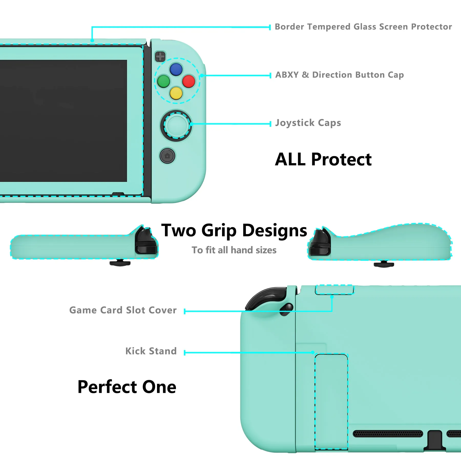 PlayVital AlterGrips Dockable Protective Case Ergonomic Grip Cover for Nintendo Switch, Interchangeable Joycon Cover w/Screen Protector & Thumb Grip Caps & Button Caps - Misty Green - TNSYP3009