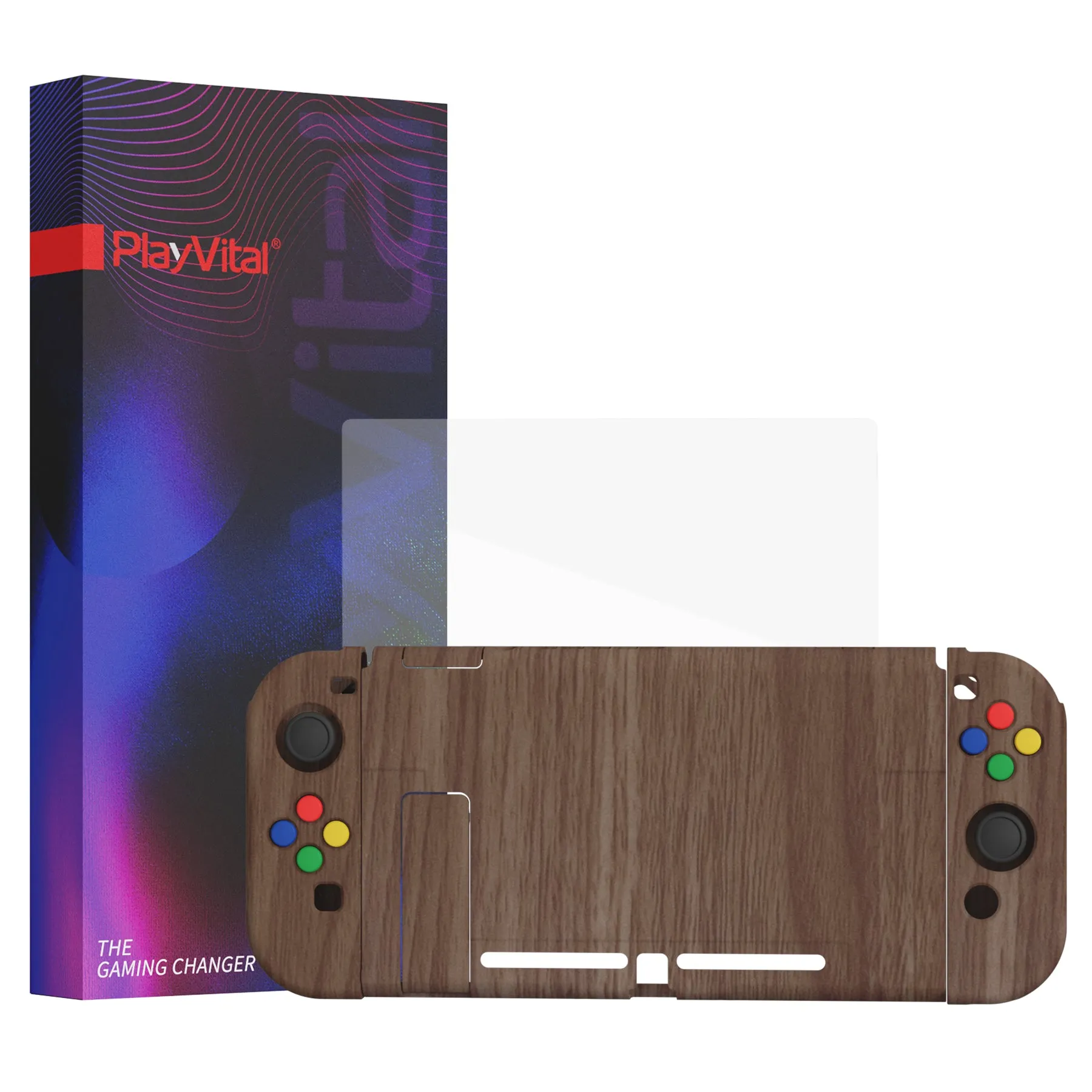 PlayVital AlterGrips Dockable Protective Case Ergonomic Grip Cover for Nintendo Switch, Interchangeable Joycon Cover w/Screen Protector & Thumb Grip Caps & Button Caps - Wood Grain - TNSYS2001