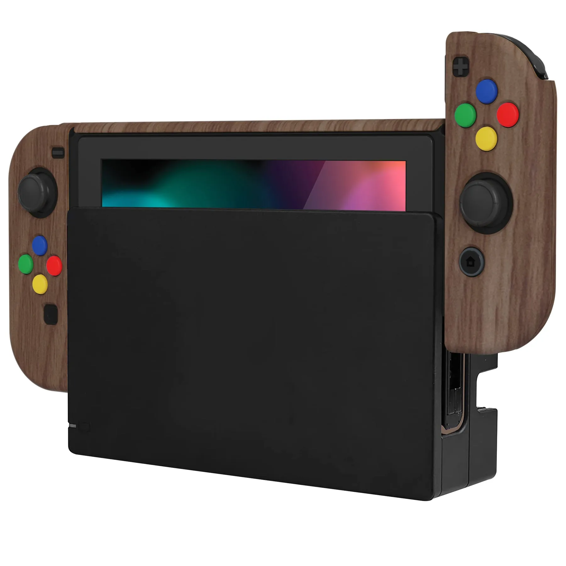 PlayVital AlterGrips Dockable Protective Case Ergonomic Grip Cover for Nintendo Switch, Interchangeable Joycon Cover w/Screen Protector & Thumb Grip Caps & Button Caps - Wood Grain - TNSYS2001