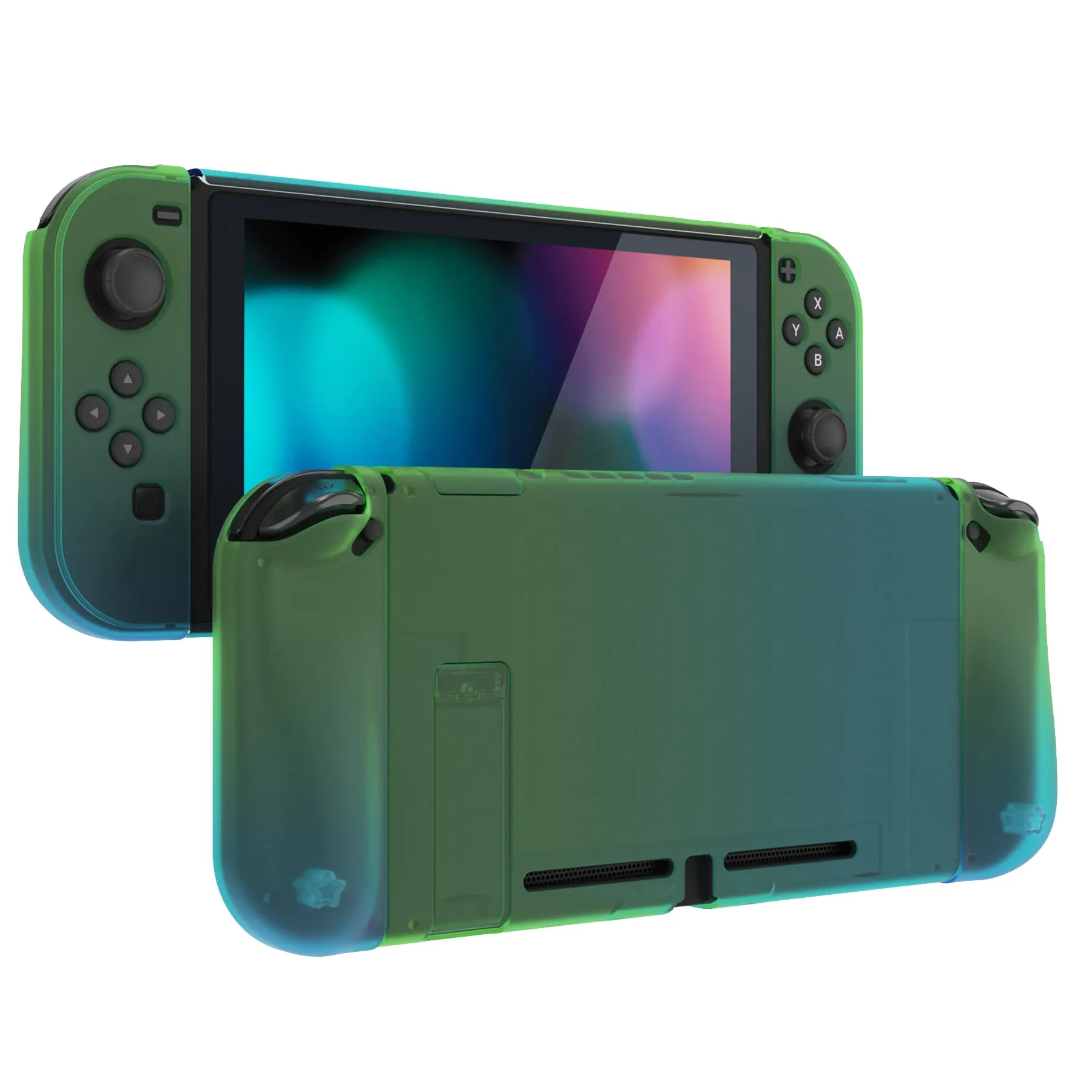 PlayVital UPGRADED Glossy Dockable Case Grip Cover for NS Switch, Ergonomic Protective Case for NS Switch, Separable Protector Hard Shell for Joycon - Gradient Translucent Green Blue - ANSP3009V2