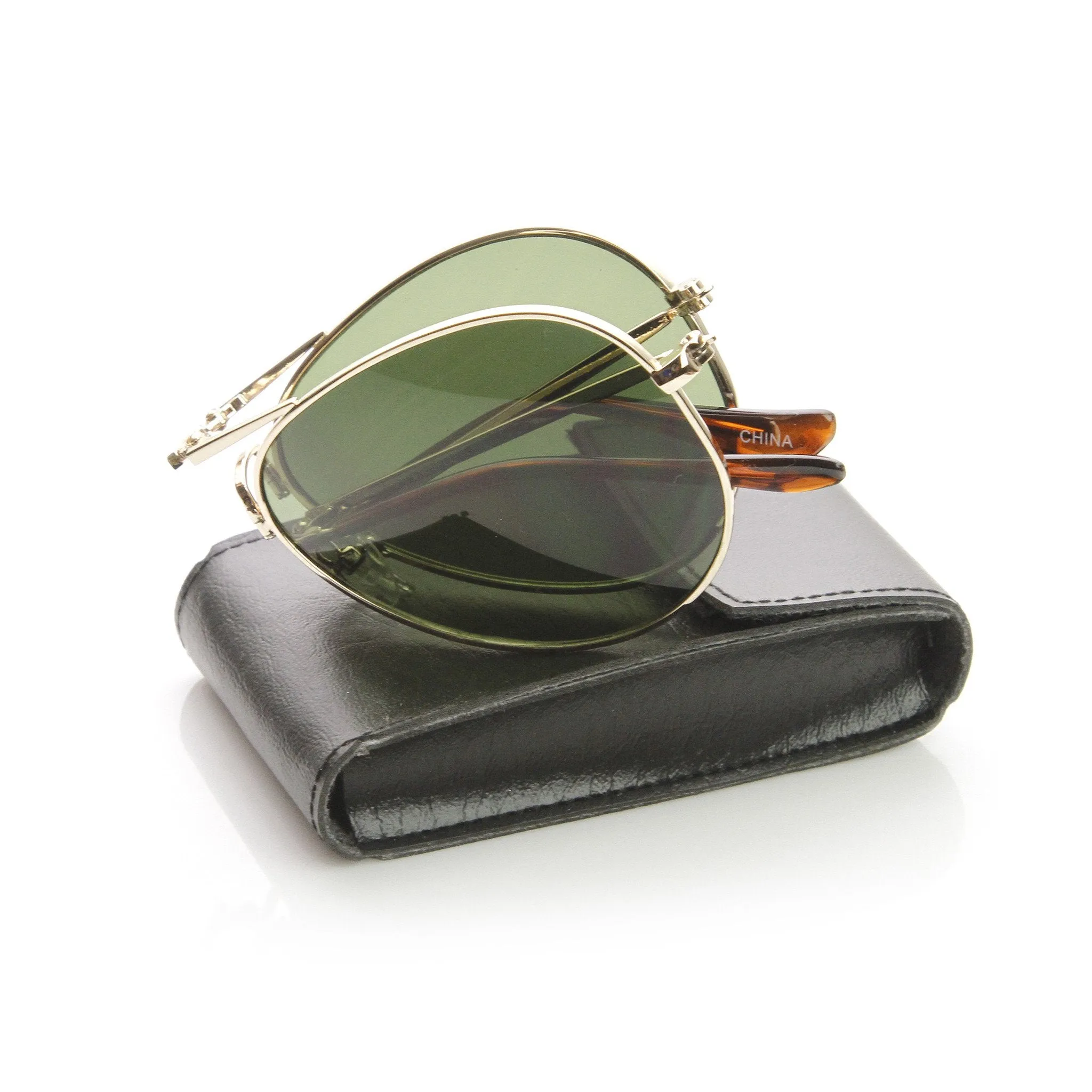 Premium Folding Pocket Metal Aviator Sunglasses   Case 8763