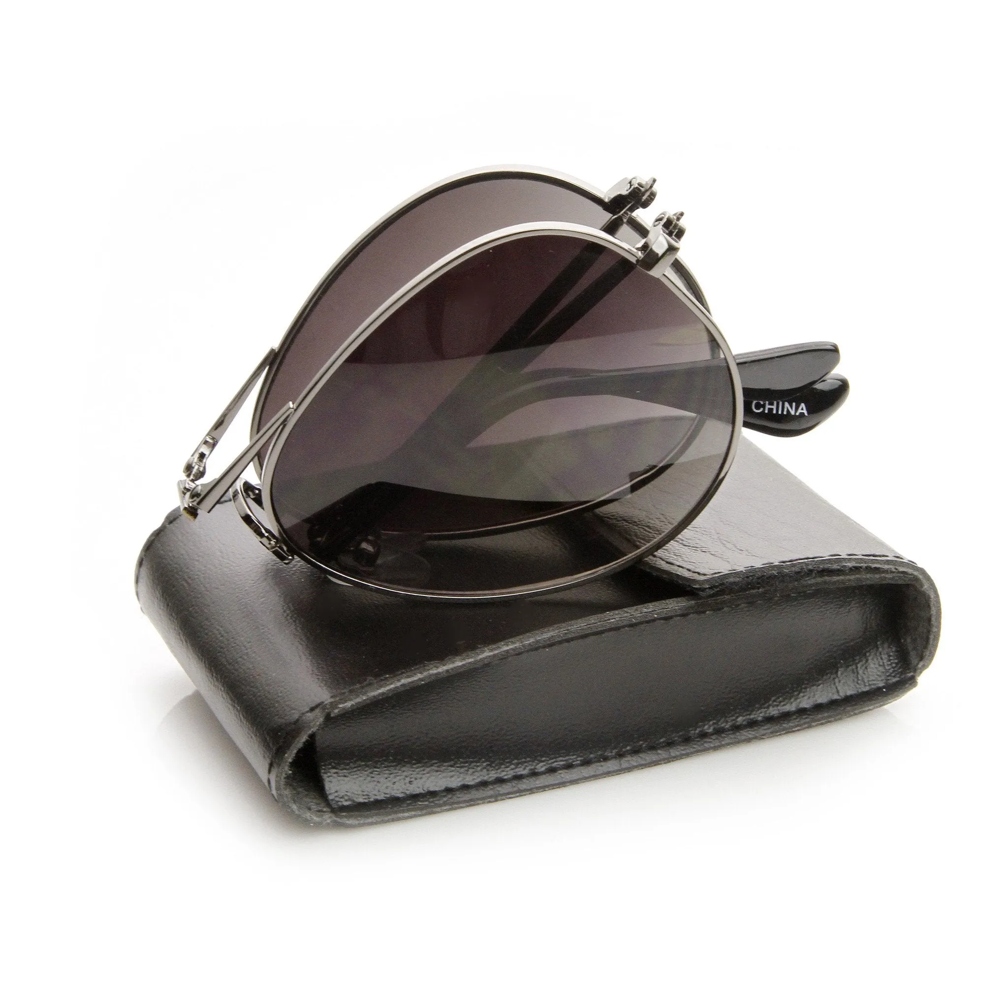 Premium Folding Pocket Metal Aviator Sunglasses   Case 8763