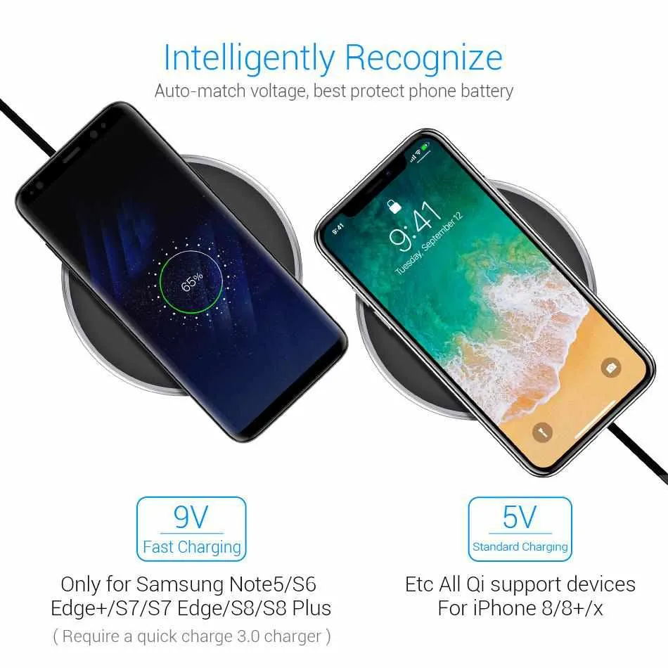 Qi Wireless Charger, 10W Fast Charger Alloy Base Low Temperature