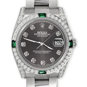 Rolex Datejust 36mm Steel Watch Diamonds &amp; Emeralds Bezel/Lugs/Rhodium Gray Dial TFJ-142508494