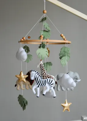 Safari mobile with felt, giraffe, lion, zebra, elephant, star and clouds