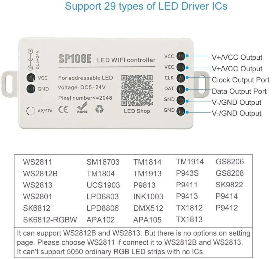 SP108E WiFi Controller DC 5V-24V for SK6812 SK6812-RGBW WS2812 WS2813 WS2811 AL2815 Digital Pixel Strip Light &  Neon Flex