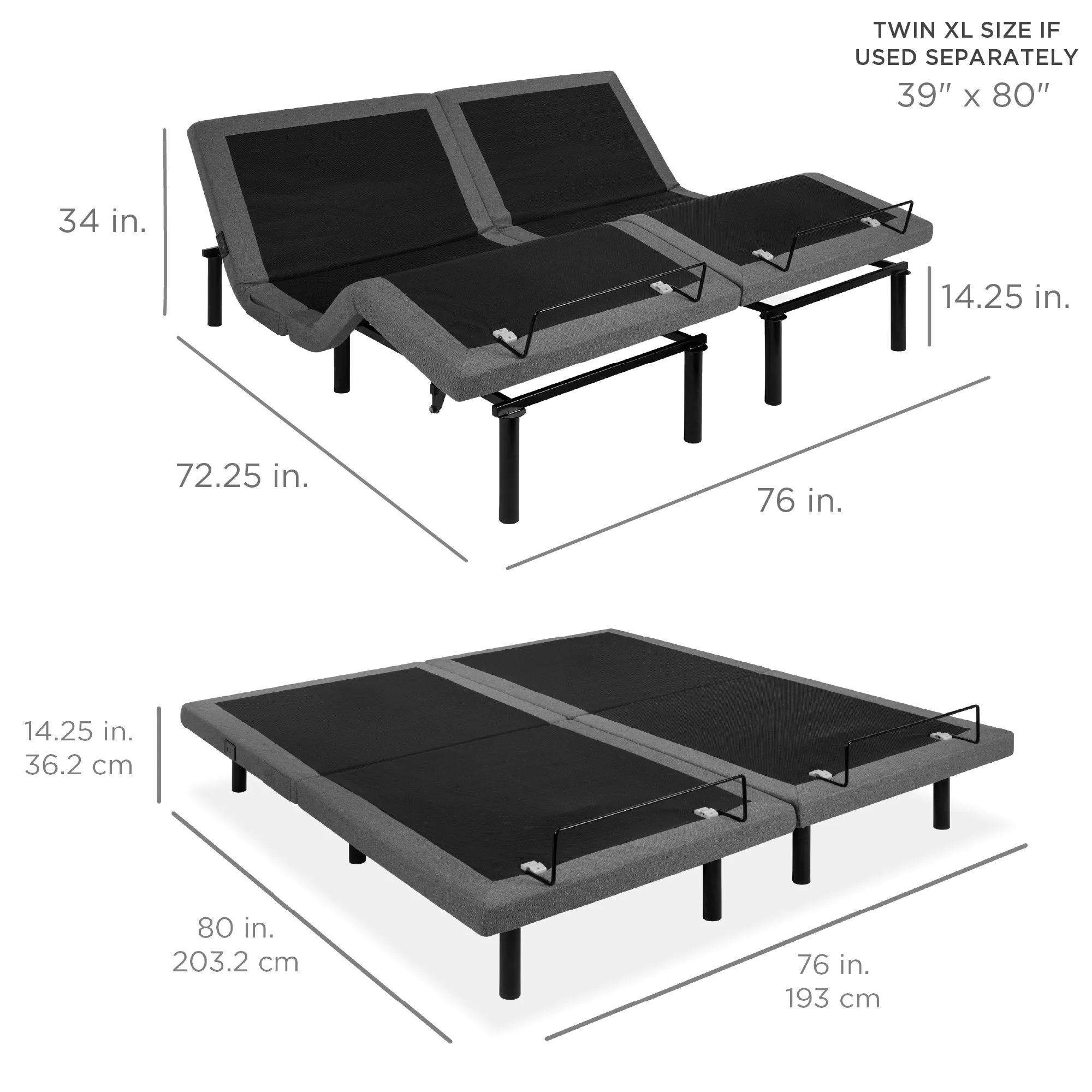 Split King Size Adjustable Bed Base with Massage, Remote, USB Ports