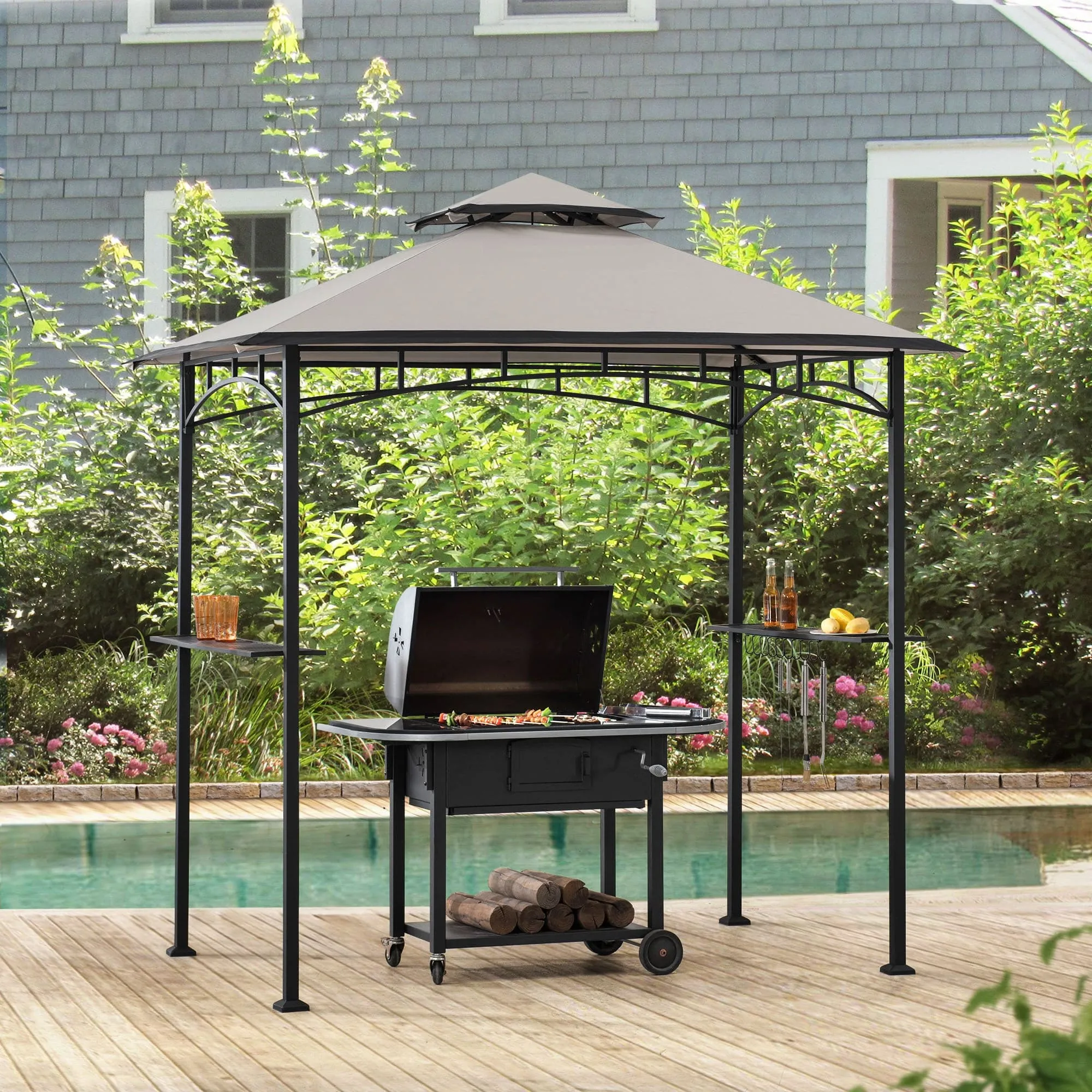 SUNJOY 5x8 BBQ Grill Gazebo with Bar Shelves and Hooks