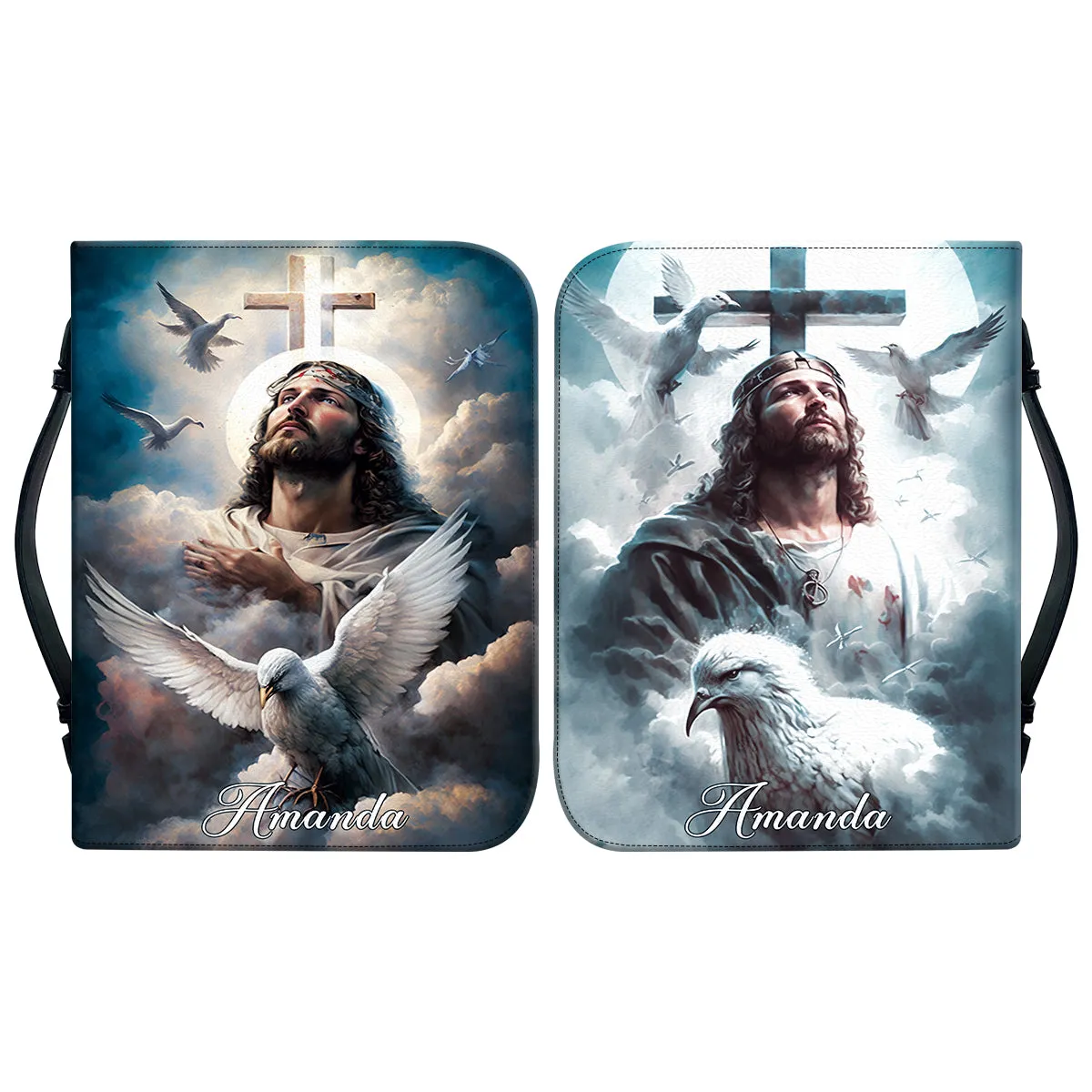 Teesdily | Customized Jesus Praying Doves Bible Holder Jesus Heaven Personalized Bible Case Religious Gift For God Believers