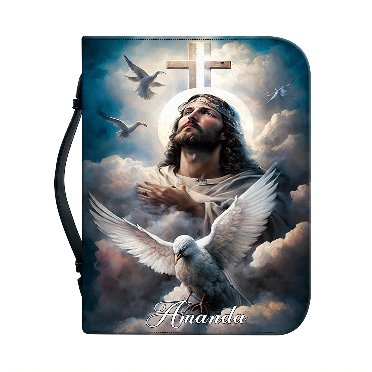 Teesdily | Customized Jesus Praying Doves Bible Holder Jesus Heaven Personalized Bible Case Religious Gift For God Believers