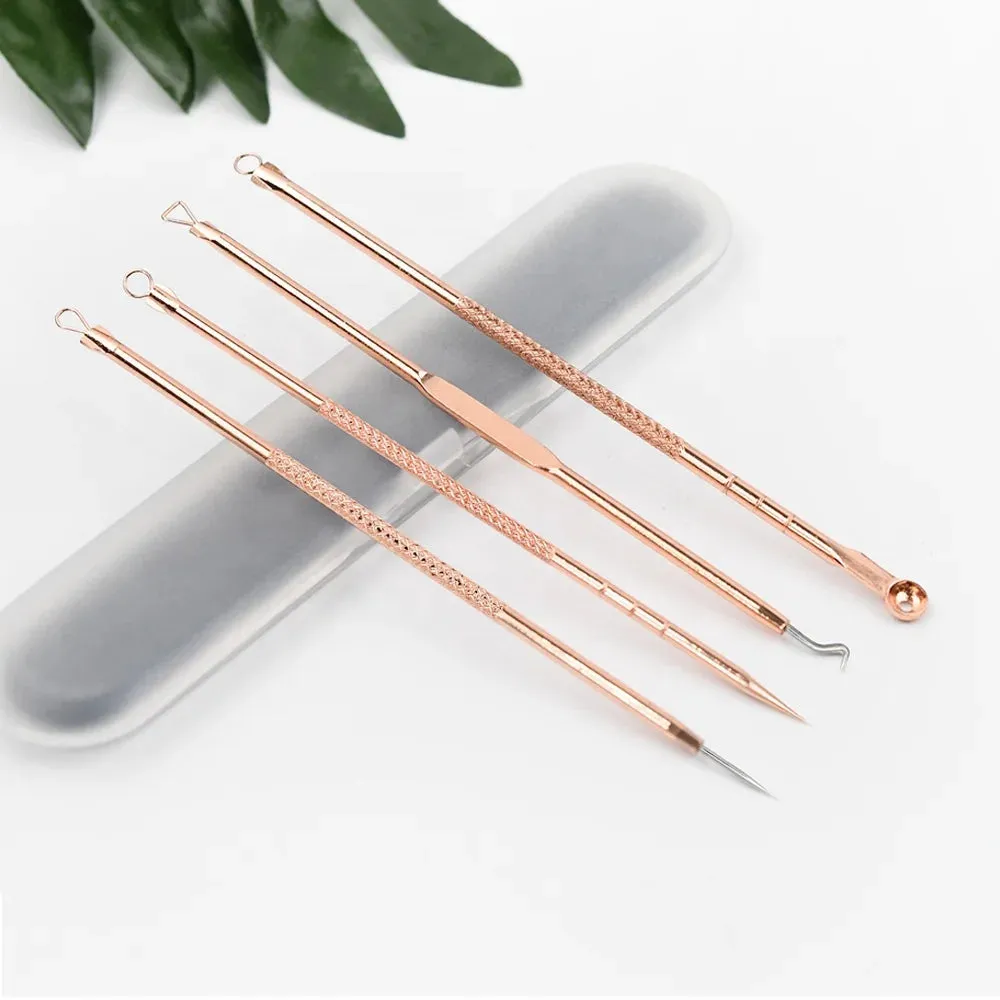 Trending Beauty Pimple Extractor 4pcs Rose Gold Black head Remover Kit With Transparent Case