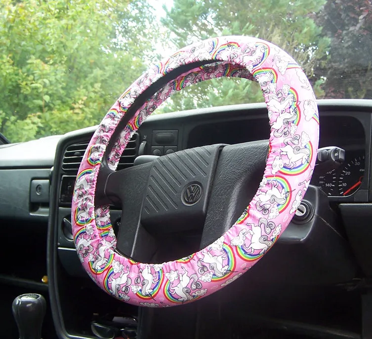 Unicorn's and Rainbow's on Pink cotton car steering wheel cover