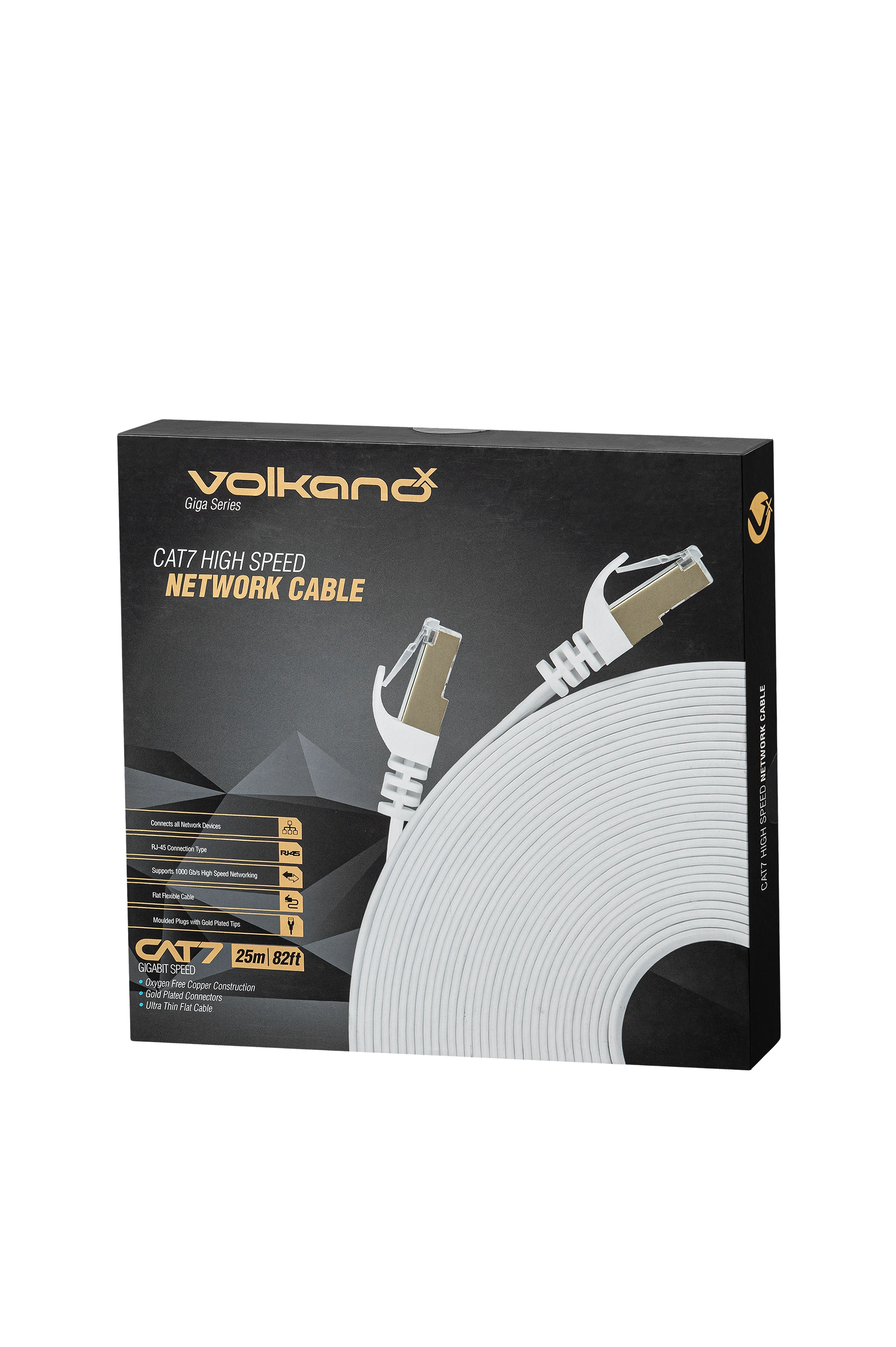 VolkanoX Giga series  Cat 7 flat Ethernet cable - white, gold tips - 25m