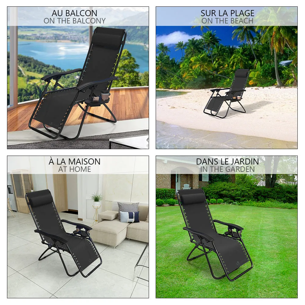 VOUNOT Set of 2 Zero Gravity Chairs, Garden Sun Loungers with Cup and Phone Holder, Black