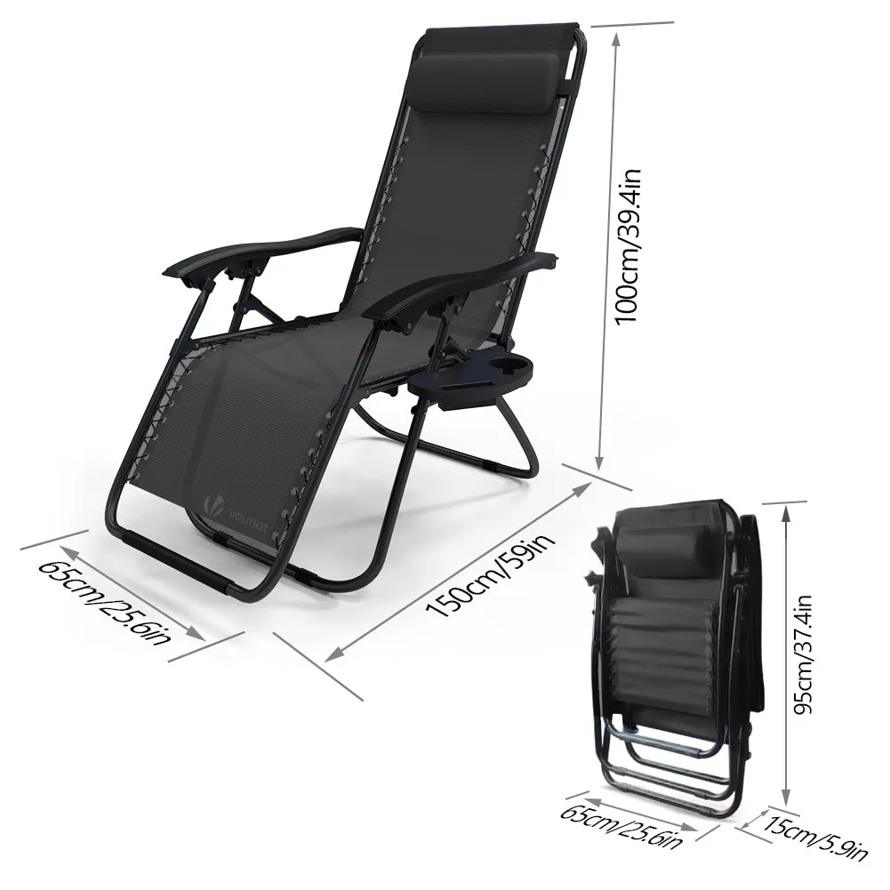 VOUNOT Set of 2 Zero Gravity Chairs, Garden Sun Loungers with Cup and Phone Holder, Black