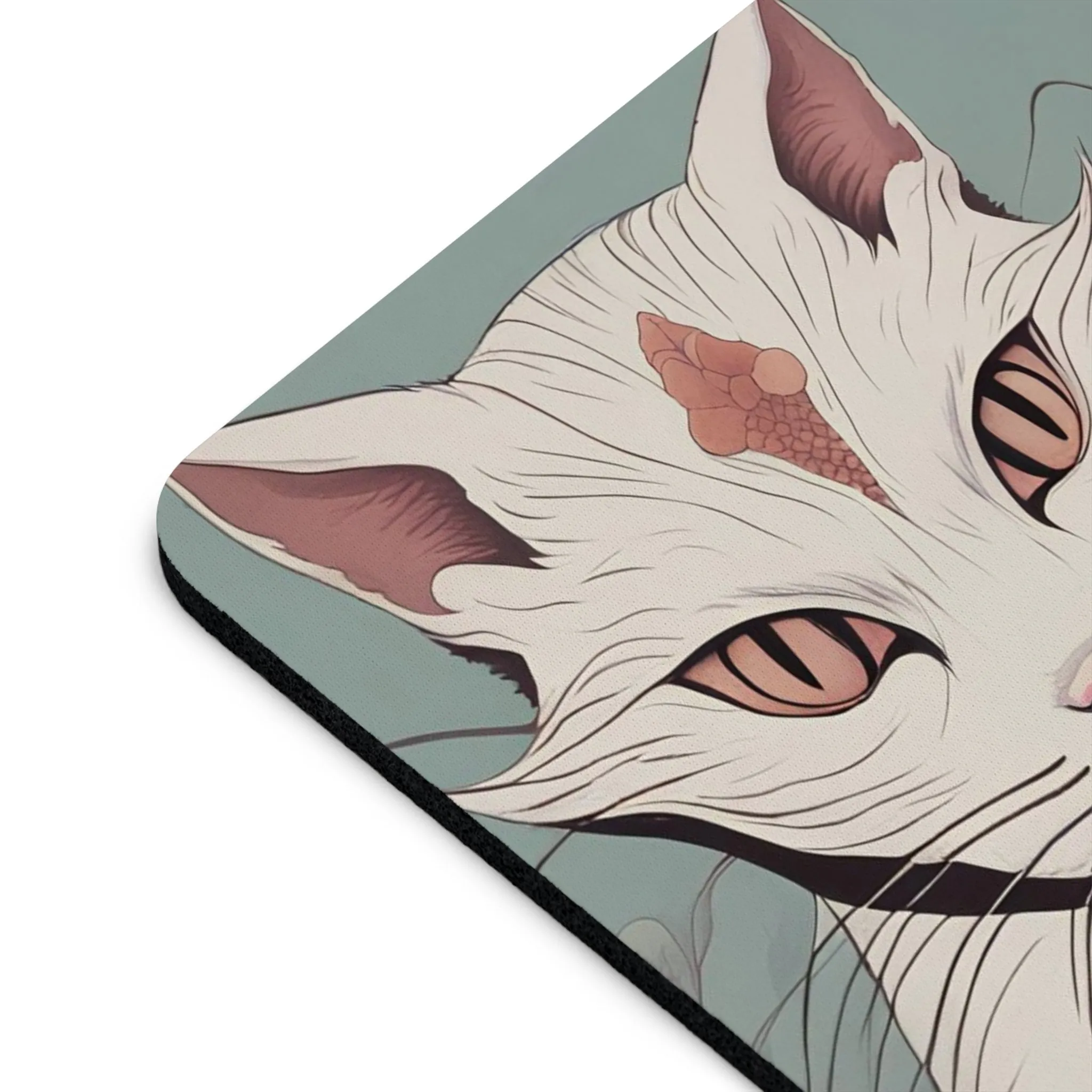 White Cat with Flowers, Computer Mouse Pad - for Home or Office