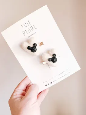 White Heart Black Mouse Pigtail Clips