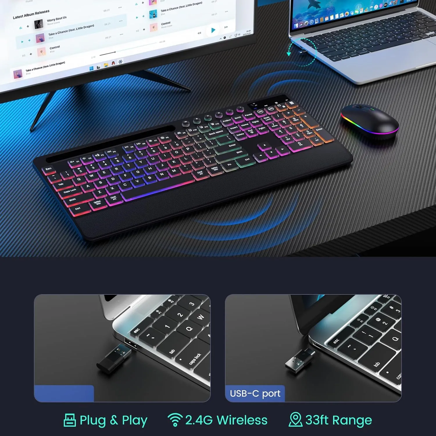 Wireless Keyboard and Mouse Backlit, 2.4GHz Lag-Free Rechargeable Keyboard Full-Size with Phone Holder Tablet Holder, Silent Ergonomic Wireless Keyboard Mouse Combo for Computer, PC, Laptop