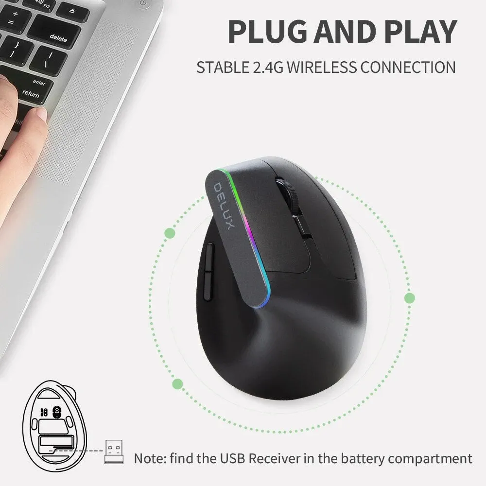 Wireless Silent Ergonomic Gaming Mouse USB Receiver RGB 1600 DPI Optical