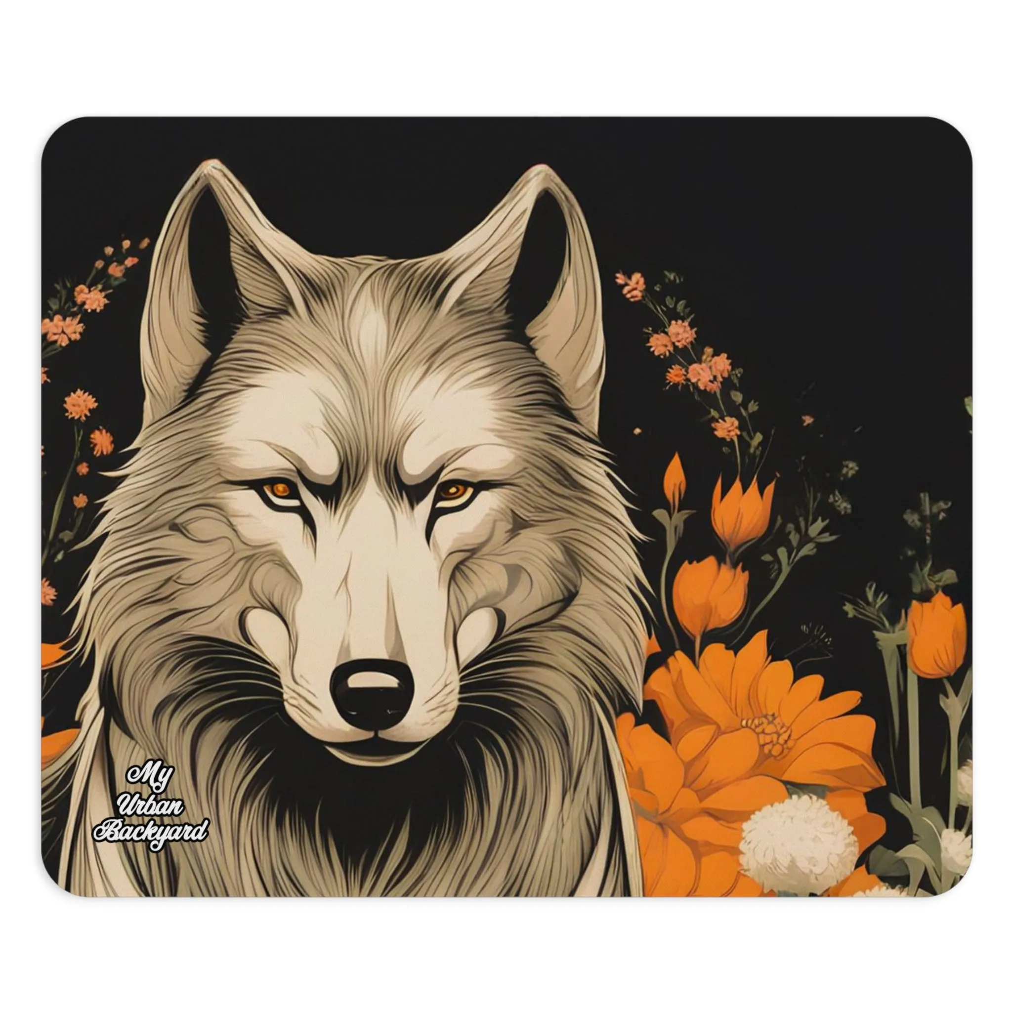 Wolf with Flowers, Computer Mouse Pad - for Home or Office