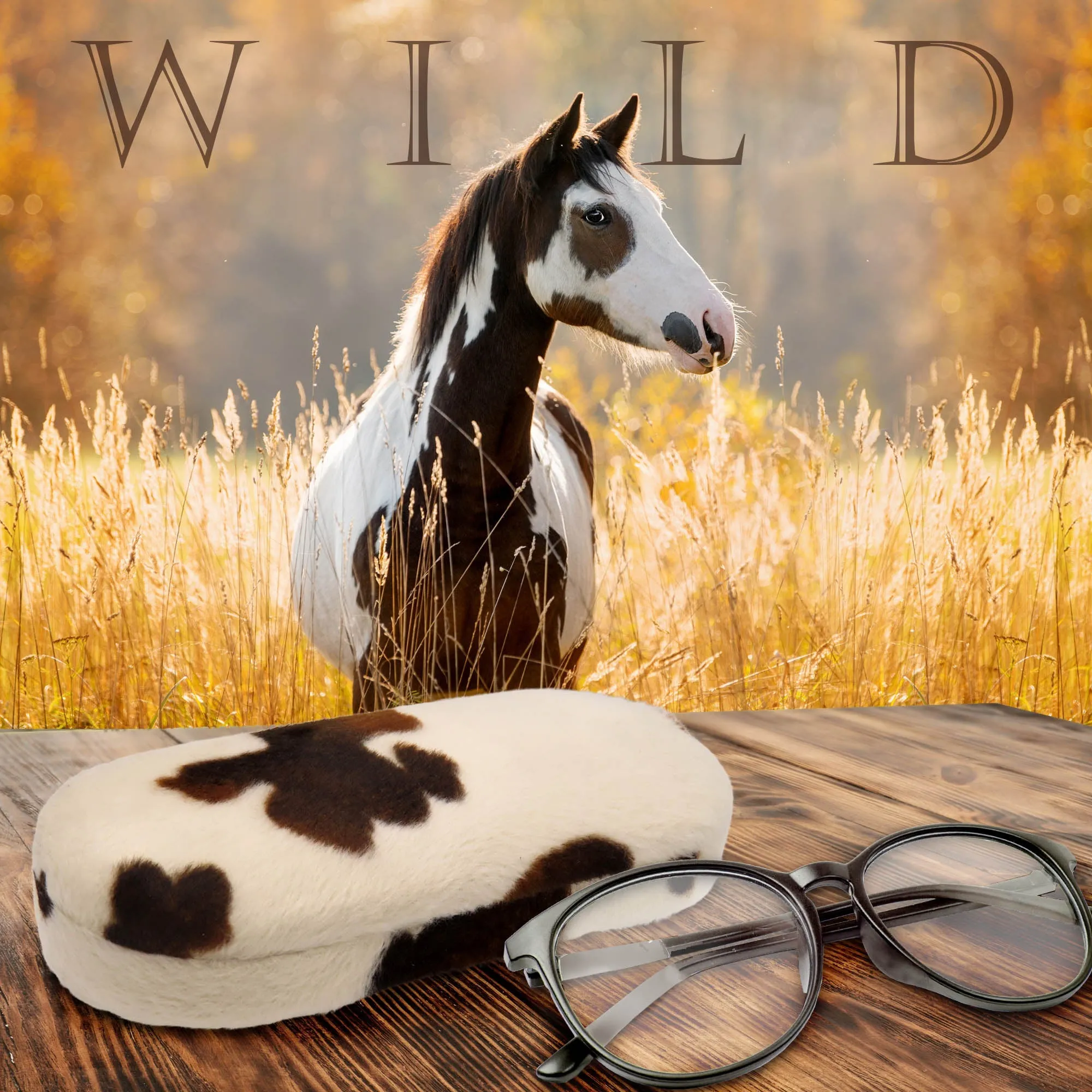 Women Hard glasses case - Animal print Pony - medium eyeglass case pouch & cloth (AS166L Pony)