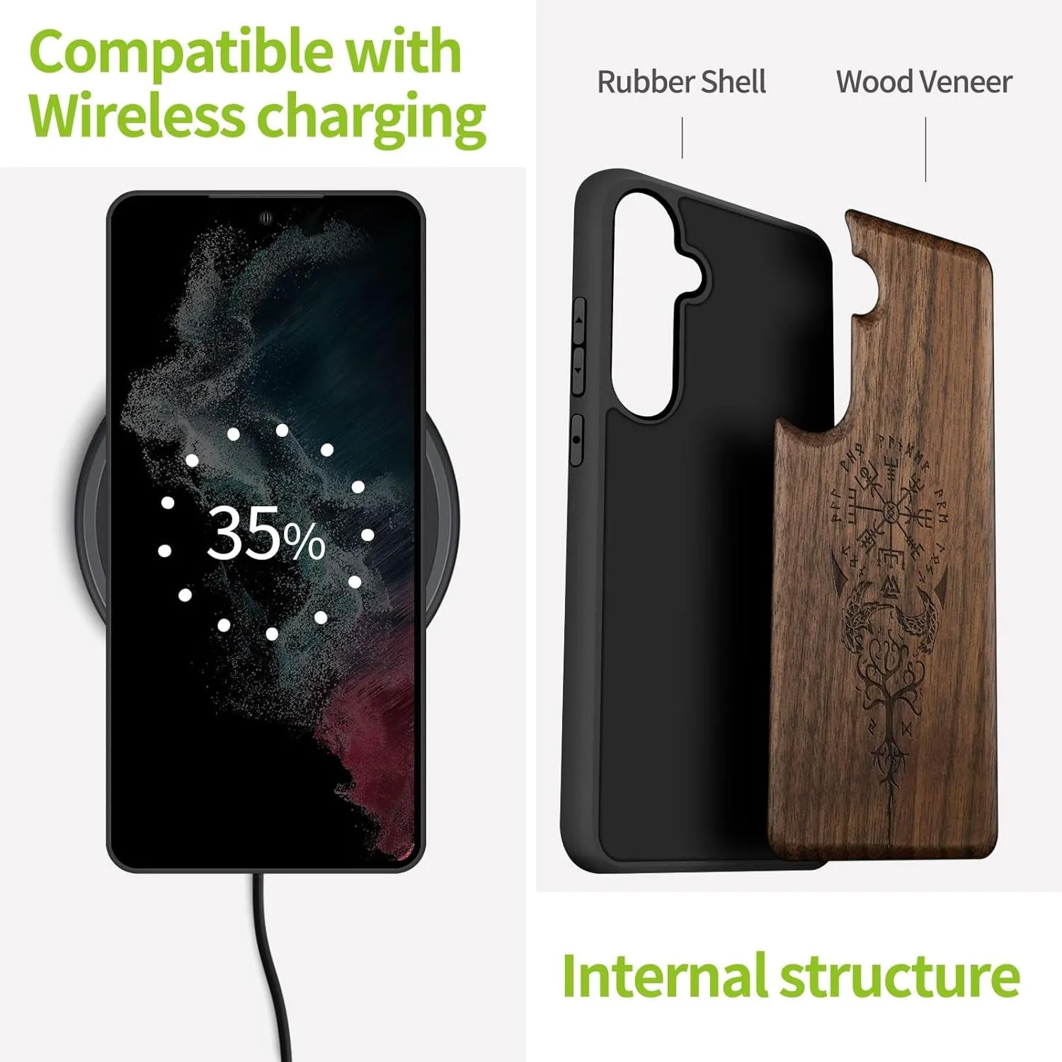 Wood Case for Galaxy S24 Case 2024 [Natural Wood & Black Soft TPU] Shockproof Protective Cover Unique Wooden Case Compatible with Samsung S24 Case (Viking Compass-Walnut)